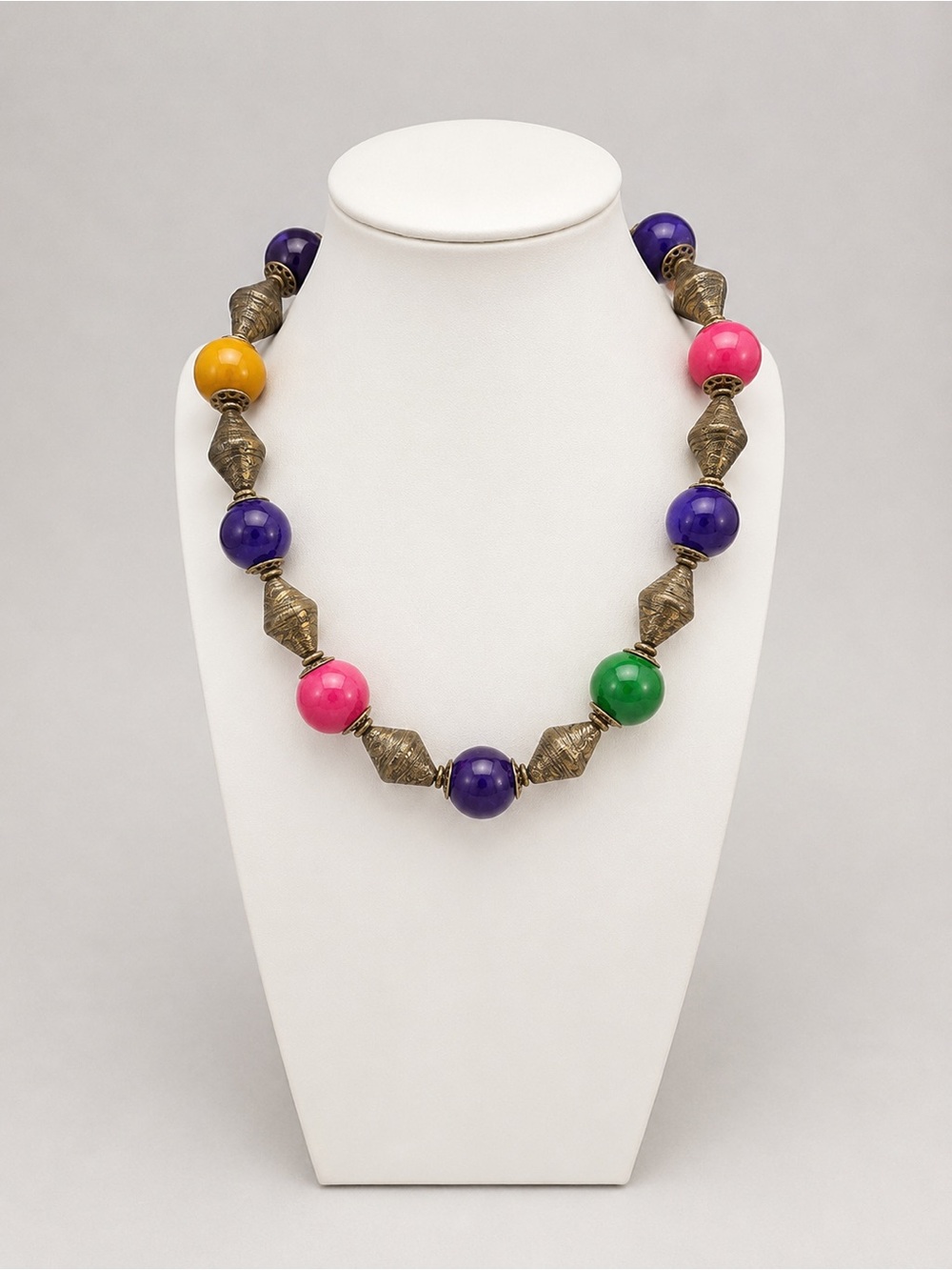 Vintage Colorful Beaded Necklace Gold Tone Tribal Boho Statement